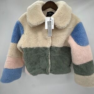 SHACI Baxter Faux Fur Jacket Womens Small Multicolor Colorblock Vegan Sherpa